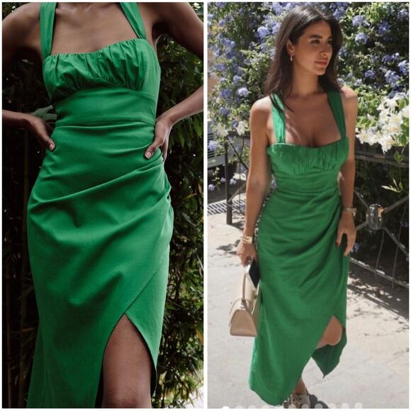 Zara Linen Blend Draped Green Dress New - Picture 1 of 10